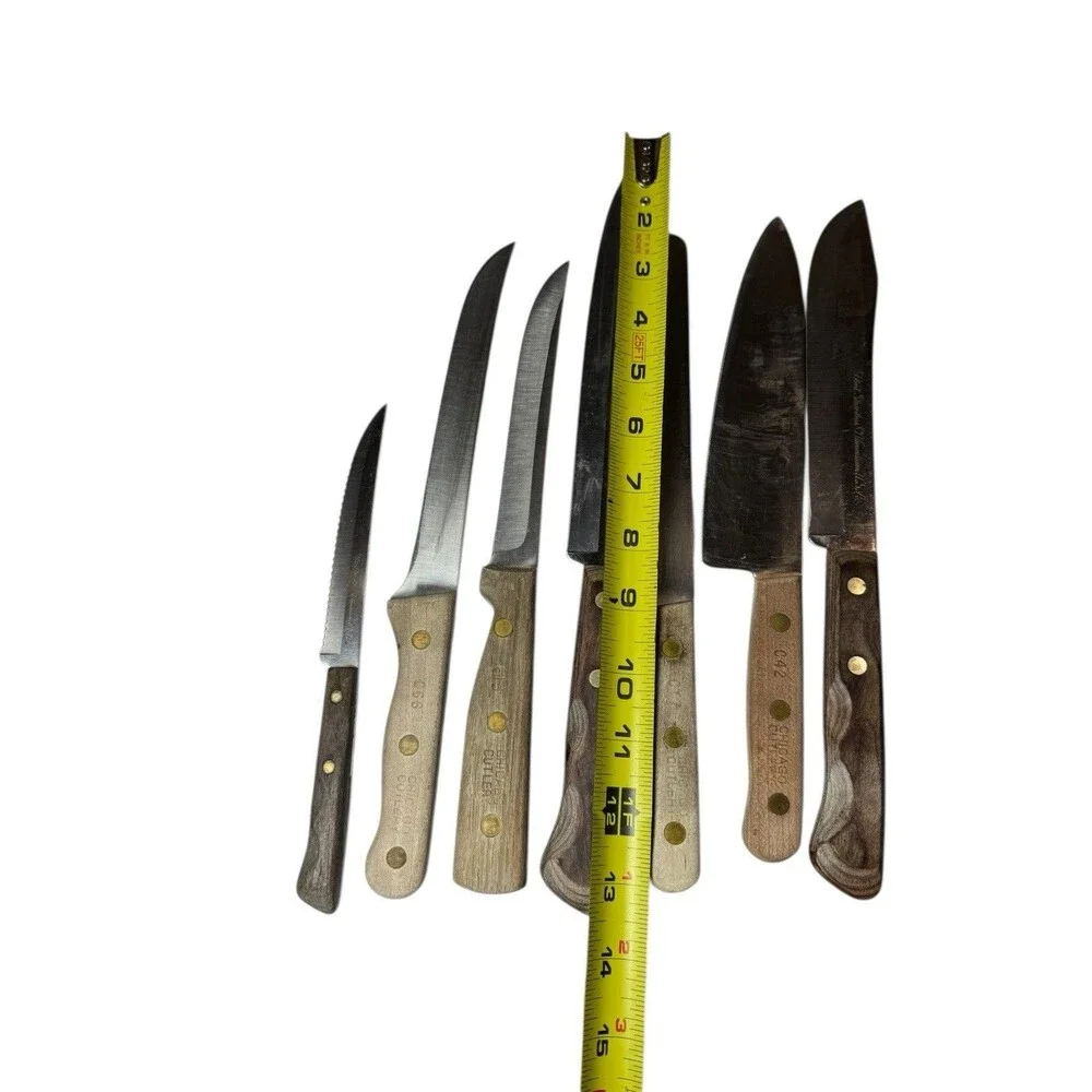 Mixed Lot 7 Vintage Vanadium Chicago Knives Wood Handle MCM Chef Bread